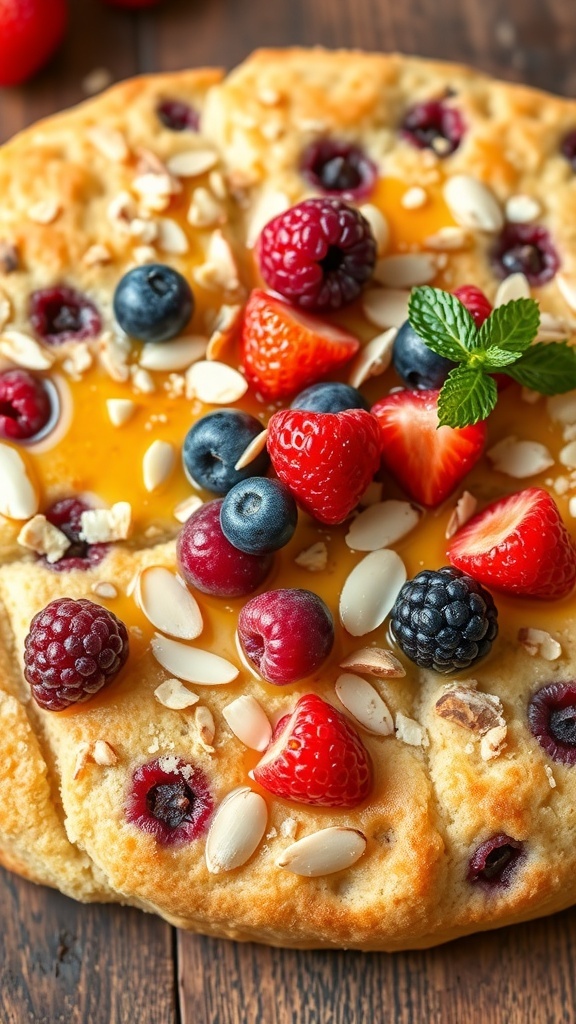 Sweet Focaccia Bread Dessert Sweet focaccia bread topped with berries and almonds, drizzled with honey on a wooden table.